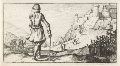 Hombre en gambeson en un paisaje de montaña Trajes de hombres y mujeres holandeses, 1622 (título de la serie) de Dirk Eversen Lons