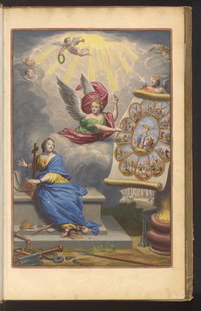 Título impreso con el ángel mostrando a la Fe encadenada el martirio de Cristo y los doce Apóstoles
l