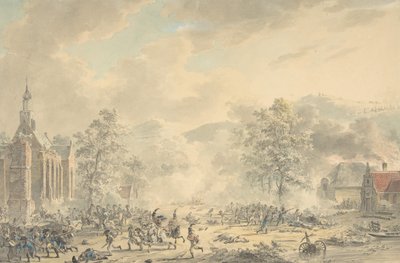 Escena de batalla con iglesia a la izquierda, ca. 1790-1800 de Dirk Langendijk