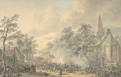 Escena de batalla con iglesia a la derecha, ca. 1790-1800 de Dirk Langendijk