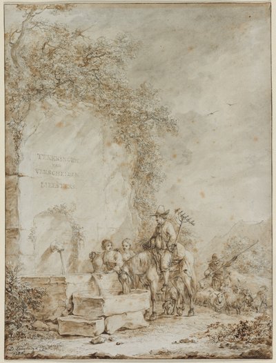 Frontispiece for an Album of Drawings: Peasants at a Fountain (recto) de Dirk Langendijk