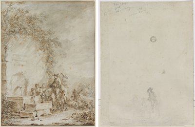 Frontispiece for an Album of Drawings: Peasants at a Fountain (recto) Sketch of Peasants at a Fountain (verso) de Dirk Langendijk