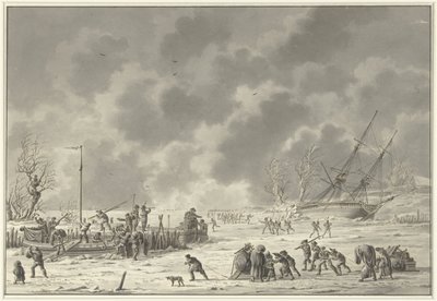 Vuelos del Landzaten en Texel, enero de 1795 La partida del Canonier Booten y el Vlugt del Landzaaten en el mes de diciembre de 1794 (título sobre el objeto) de Dirk Langendijk