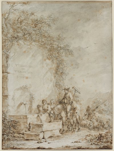 Frontispicio para un Álbum de Dibujos: Campesinos en una Fuente, 1784 de Dirk Langendyk