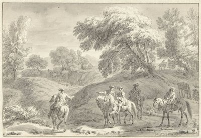 Paisaje montañoso con cazadores a caballo de Dirk Maas