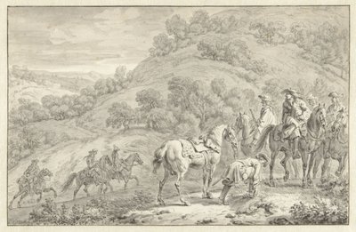 Paisaje de montaña con jinete a pie y otros cazadores a caballo de Dirk Maas