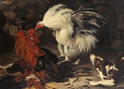 Dos gallos peleando y un perro mirando, un paisaje de parque más allá de Dirk Valkenburg