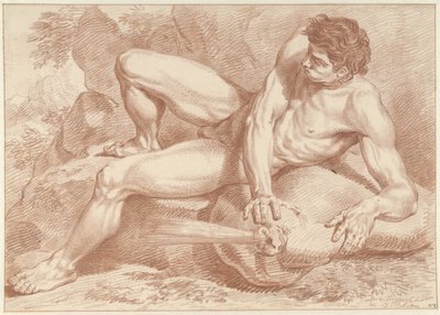 Desnudo masculino recostado, sobre una bolsa de la que sale aire de Dirk Versteegh