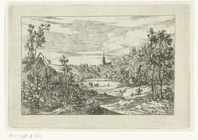 Paisaje de dunas y vista de casas e iglesia de Scheveningen de Dirk Vis Blokhuyzen