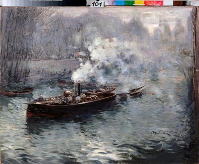 Un barco de vapor - Pintura de Dmitri Anfimovich Shcherbinovsky (1867-1926), óleo sobre lienzo de Dmitri Anfimovich Shcherbinovsky