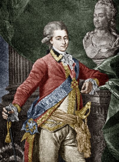 Alexander Dmitrievich Lanskoy (1758-1784) militar ruso, amante de Catalina II de Rusia, grabado documento coloreado de Dmitri Grigor