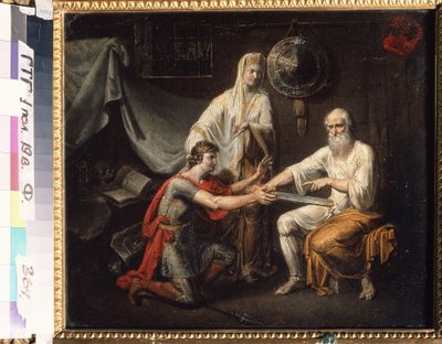 Caída de la República de Nóvgorod en Rusia (siglo XV): Teodosio Boretsky entrega la espada de Ramir a Miroslav, líder de los novgoradianos y marido elegido por Marfa Boretskaia (o Marfa la alcaldesa) para su hija Xenia (Teodosio Boretsky entrega la espada  de Dmitri Ivanovich Ivanov