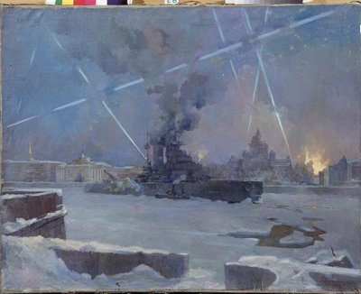 Artillería pesada en el río Neva en Leningrado (San Petersburgo, Rusia) en 1942 (Un acorazado en el río Gele defiende la ciudad en llamas contra los ataques aéreos, durante el asedio de Leningrado). Episodio de la Segunda Guerra Mundial (1939-1945). Pintor de Dmitri Nikiforovich Martynov
