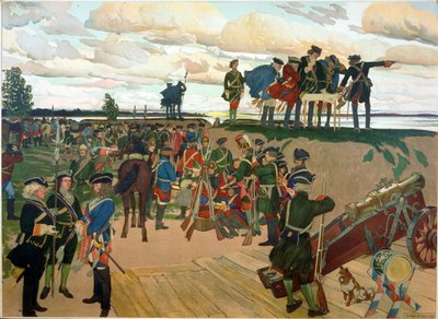 Fundación de la fortaleza de San Petersburgo por Pedro el Grande (1672-1725) en el siglo XVIII. (Fundación de la fortaleza de San Petersburgo). Obra de Dmitri Nikolayevich Kardovsky (Kardovski) (1866-1943), litografía de Dmitri Nikolayevich Kardovsky