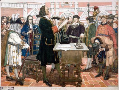 Presentación de los novatos. El zar Pedro I el Grande (1672-1725) recibe e identifica a los nuevos cortesanos y jóvenes aristócratas de Rusia. Detrás del zar, con un traje azul y su sombrero bajo el brazo, con cara de de Dmitri Nikolayevich Kardovsky