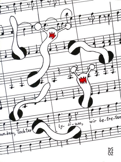 Fiesta de la alegría - dibujo de una partitura con gusanos comiéndose la página de Dmitri Smirnov