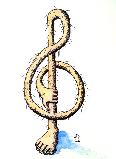 Clave de sol peluda - una clave de sol dibujada como una pierna con una mano sujetándola de Dmitri Smirnov