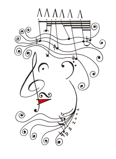 Rey de la Música - caricatura de una cabeza con corona dibujada con notación musical de Dmitri Smirnov