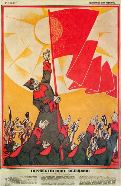 Dmitrij MOOR (Dmitrij Stachievic Orlov 3 de noviembre de 1883 24 de octubre de 1946) el abanderado ondea la bandera roja, que se destaca contra el sol del futuro; soldados y proletarios levantan sus brazos y símbolos del trabajo pronunciando "La Promesa So de Dmitry (1883 1946) Moor