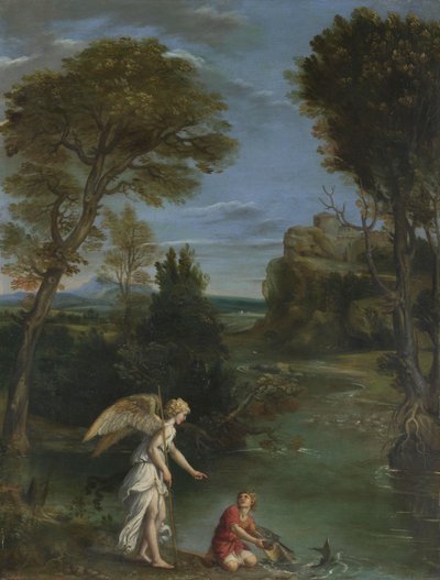 Paisaje con Tobías agarrando el pez, c.1615 de Domenichino