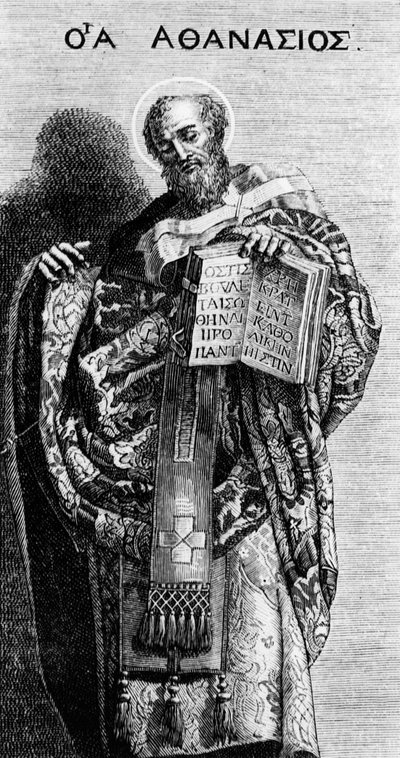 Atanasio de Alejandría (298-373) Padre de la Iglesia, grabado después de una pintura de Domenichino en la iglesia de Grottaferrata de Domenichino
