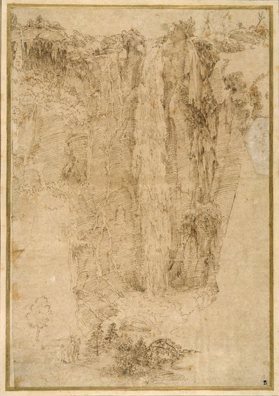 Paisaje con una cascada; al pie, dos hombres, uno montado de Domenichino