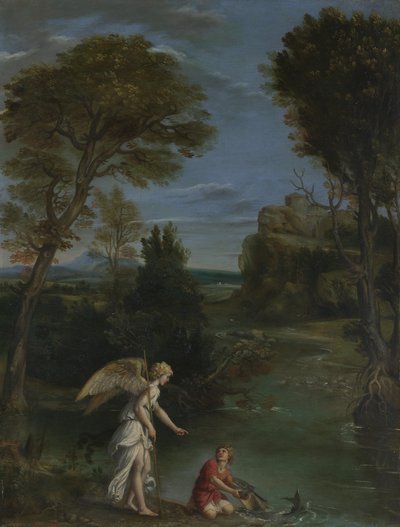 Paisaje con Tobías agarrando el pez, c. 1612 de Domenichino
