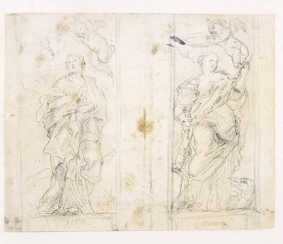 Dos nichos con figuras de pie de Santa Águeda y Santa Margarita coronadas por putti de Domenichino