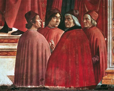 Historias de la Virgen María: Anunciación a Zacarías, detalle de Cristoforo Landino, Angelo Poliziano y Marsilio Ficino, c.1485-90 (fresco) de Domenico Ghirlandaio