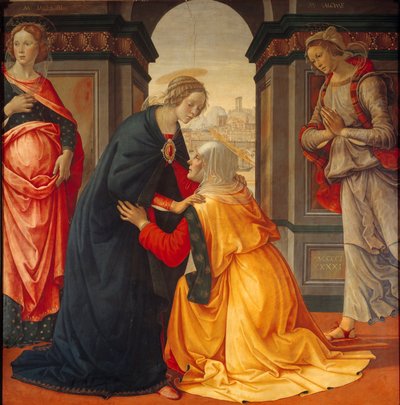 Visitación: la Virgen María visita a Isabel, entre María Jacobea y María Salomé, testigos de la Crucifixión y Resurrección de Domenico Ghirlandaio