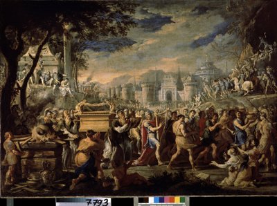""David llevando el Arca de la Alianza a Jerusalén"" (Rey David llevando el Arca de la Alianza a Jerusalén) El transporte del Arca Sagrada de la Alianza a Jerusalén, acompañado por el Rey David tocando el salterio. Pintura de Domenico Gargiulo (1609-1675) de Domenico Gargiulo