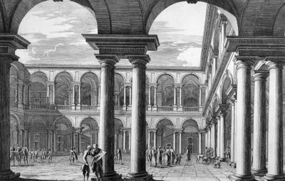Patio del palacio Brera de Milán, que alberga la Academia de Bellas Artes y la Pinacoteca, obra del arquitecto Francesco Maria Richini (1584-1658), grabado de Domenico Aspari (1745-1831), Italia. de Domenico Aspari