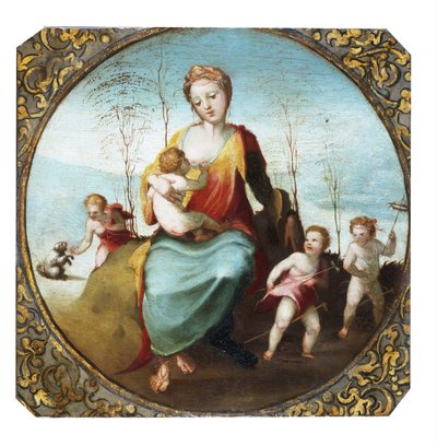 Beccafumi - Caridad amamantando a un niño y rodeada de tres niños jugando con un perro y caballos de tiro, ca. 1525 de Domenico Beccafumi