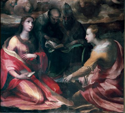 Cristo coronando a la Virgen María y cuatro santos, detalle: Santa María Magdalena, San Antonio de Padua, Papa San Gregorio I o El Grande y Santa Catalina de Alejandría de Domenico Beccafumi