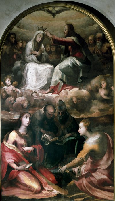 Cristo coronando a la Virgen María y cuatro santos (Santa María Magdalena, San Antonio de Padua, Papa San Gregorio I o El Grande y Santa Catalina de Alejandría) de Domenico Beccafumi