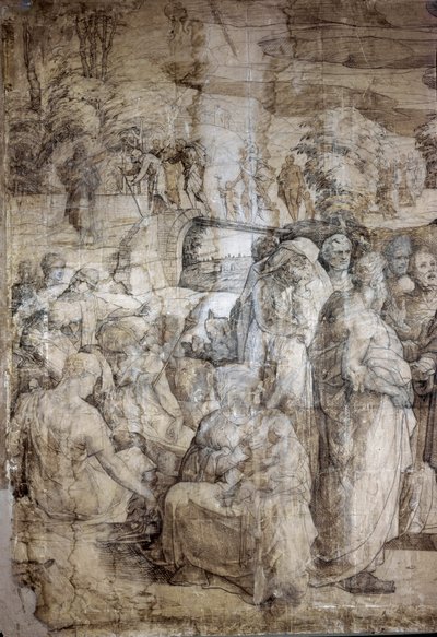 Historia de Moisés en el Monte Sinaí: los hebreos esperan el regreso de Moisés. Dibujo preparatorio para el pavimento de la Catedral de Siena de Domenico Beccafumi