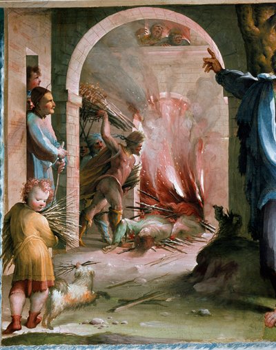 Publio Mucio Escévola (siglo II a.C.) arrojando a sus colegas al Bucher Fresco de Domenico di Giacomo di Pace dit Beccafumi de Domenico Beccafumi
