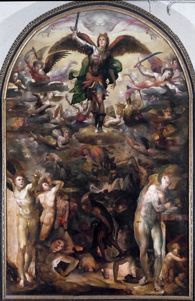 San Miguel persiguiendo a los ángeles rebeldes (La caída de los ángeles rebeldes) de Domenico Beccafumi
