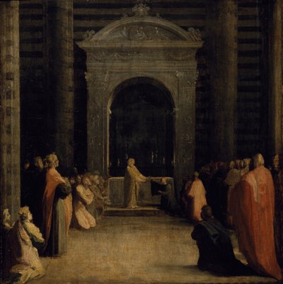 La Ofrenda de las Llaves de la Ciudad de Siena a la Virgen, en o después de 1526 de Domenico Beccafumi
