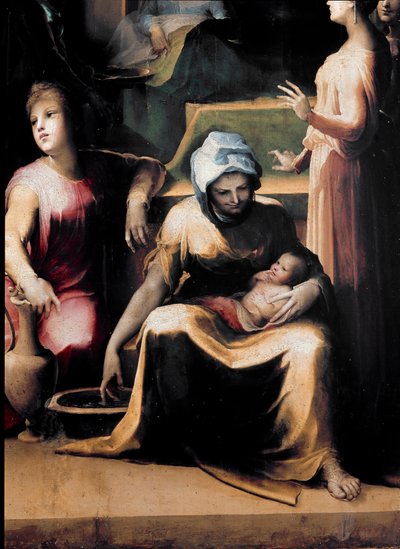 El nacimiento de la Virgen. (detalle) mostrando a una criada con el nuevo peinado de Domenico Beccafumi