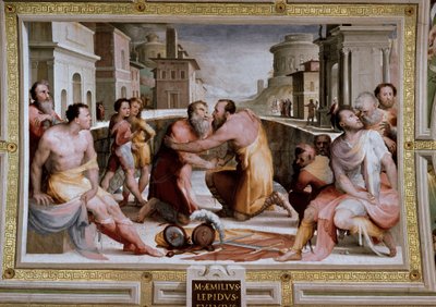 La conciliación del cónsul romano Marco Fulvio Flaco y Marco Emilio Lépido alrededor del 126 a.C. de Domenico Beccafumi