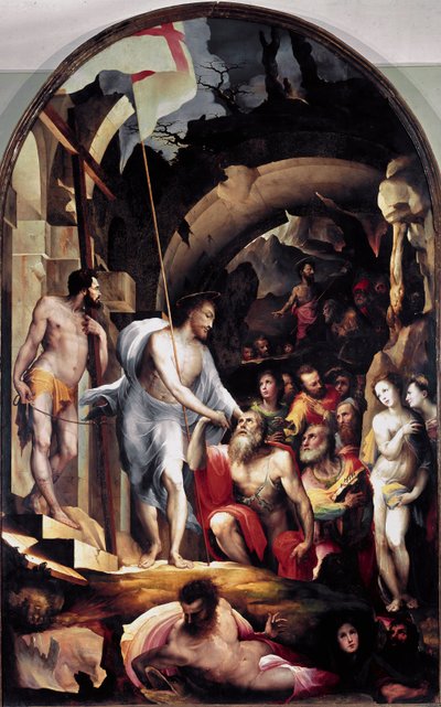 El descenso de Cristo al limbo. Sostiene una bandera blanca con una cruz roja, símbolo de la Resurrección de Domenico Beccafumi