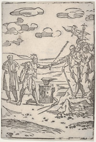 El falsificador de pie junto a un yunque tirando de un hombre encadenado, de la serie Las var... de Domenico di Pace Beccafumi  