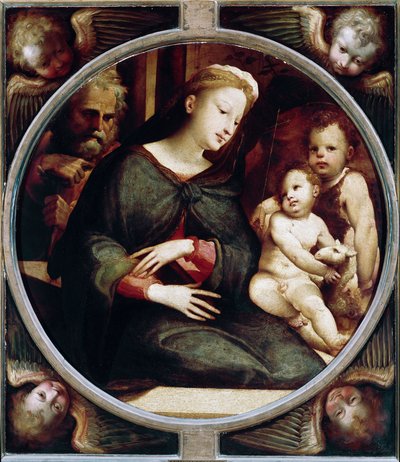 Tondo rodeado de ángeles con la Sagrada Familia con San Juan Bautista niño de Domenico Beccafumi