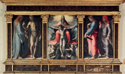 Tríptico de la Trinidad: San Cosme, San Juan Bautista, la Trinidad, San Juan Evangelista y San Damián. Inserción 