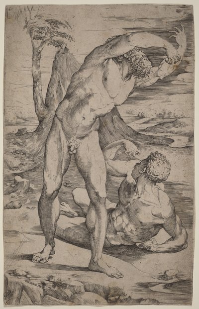 Dos desnudos masculinos gesticulando en un paisaje de Domenico Beccafumi