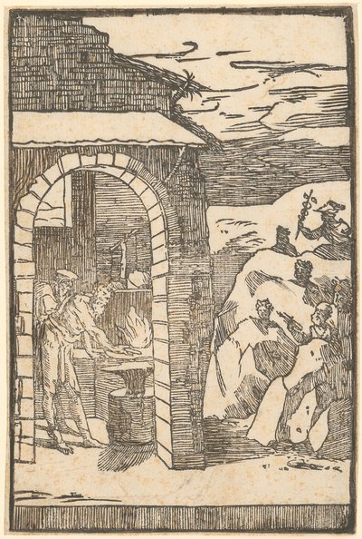 Vulcano y el filósofo (Teoria) trabajan en la forja, mientras que fuera los metales se esconden entre las rocas, lámina 1 de la serie «De la Pirotechnia» de Domenico Beccafumi