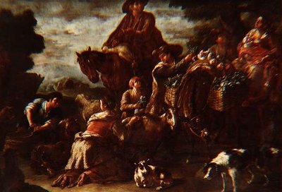 Campesinos de camino al mercado con una niña ordeñando una cabra de Domenico Brandi