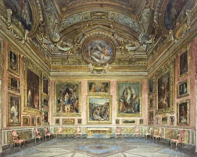 Interiores del Palazzo Pitti, Florencia: La Sala di Saturno con la "Lamentación" de Perugino flanqueada por pinturas de Fra Bartolommeo y Rafael, 1871 de Domenico Caligo