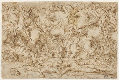 Escena de batalla con caballos y hombres de Domenico Campagnola